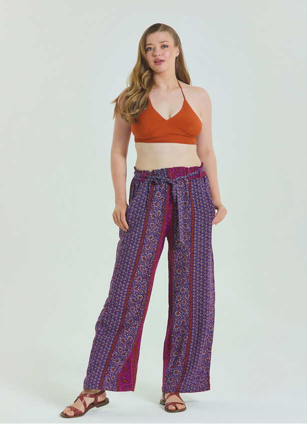 Purple Women's Plus Size Trousers with Elastic Waist Belt Detail 4618